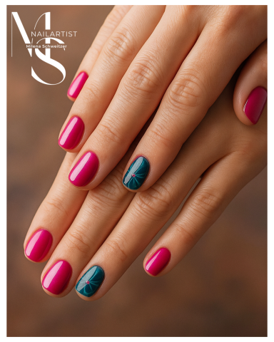 Hände mit pinkem Nagellack, ein Nagel in dunklem Blau mit einer marmorierten Textur.