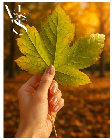 Eine Hand hält ein großes, grünes Blatt vor herbstlicher, goldener Kulisse.